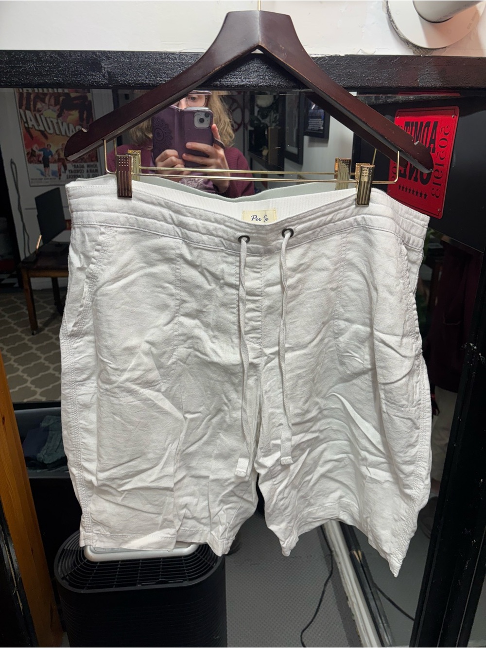 Per Se White Drawstring Linen-Blend Athletic Shorts